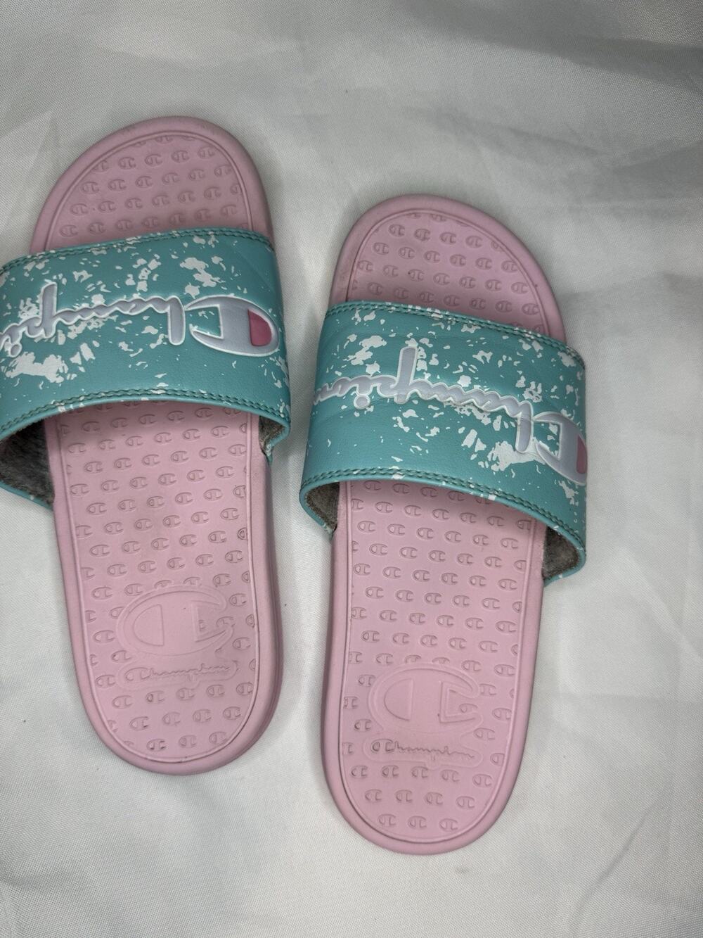 Champion Women’s aqua and light, pink slides/sandals, SZ 5